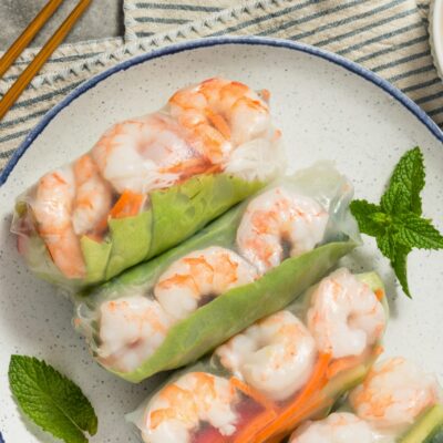 Homemade Vietnamese Shrimp Spring Rolls with Lettuce and Vegetables